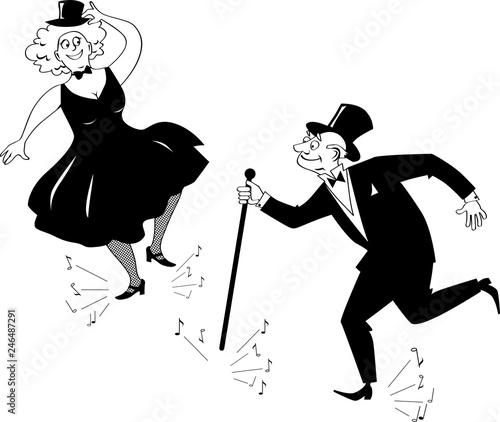 Senior couple dressed in retro fashion tap dancing, EPS 8 vector line illustration