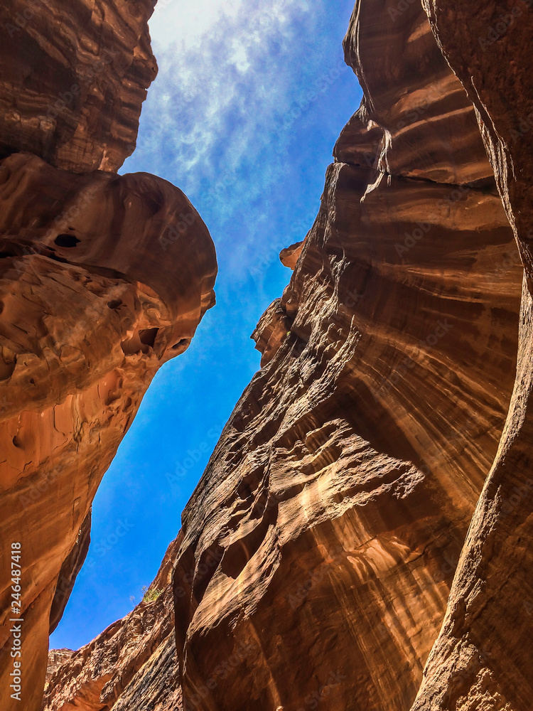 Upward view of a sandstone rock passage in Siq Petra Jordan