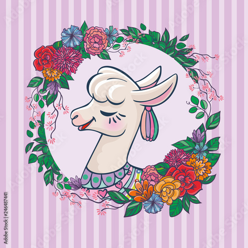 Beautiful llama, alpaca portrait with flowers frame. Vector, sketch, outline, cartoon Illustration