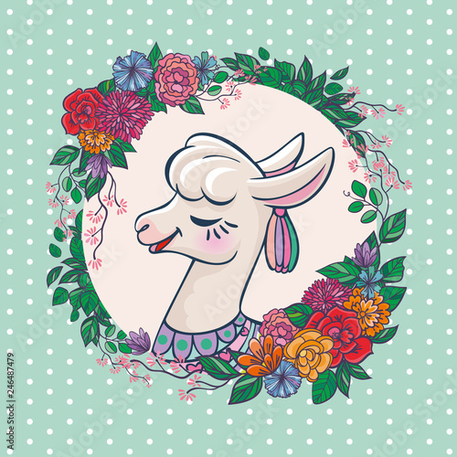 Beautiful llama, alpaca portrait with flowers frame. Vector, sketch, outline, cartoon Illustration