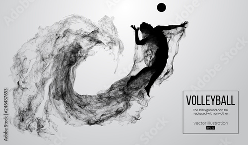 Abstract silhouette of a volleyball player man on white background from particles. Volleyball player is jumping and kicks the ball. Background can be changed to any other. Vector illustration
