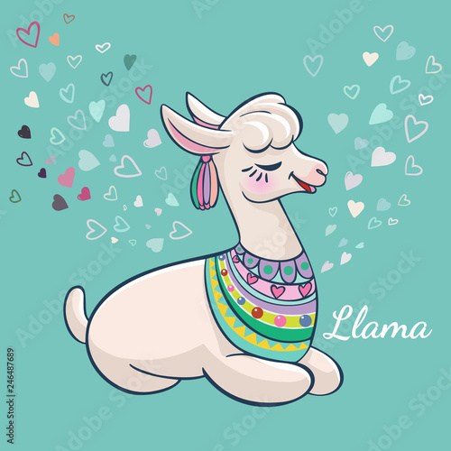 Llama cartoon alpaca. Llama animal vector isolated illustration. Design for card, sticker, fabric textile, t-shirt. Children, child of modern trendy style