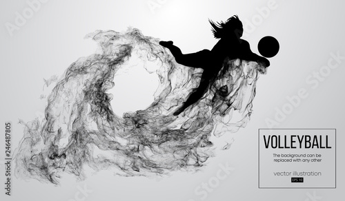 Abstract silhouette of a volleyball player woman on white background from particles. Volleyball player is jumping and kicks the ball. Background can be changed to any other. Vector illustration