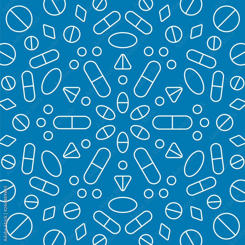 Pharmaceutical pills and capsules in a circle design pattern for a medicine. Health care icons illustration. Pharmaceutical pills and capsules in a circle design pattern for a medicine. Health care icons illustration.