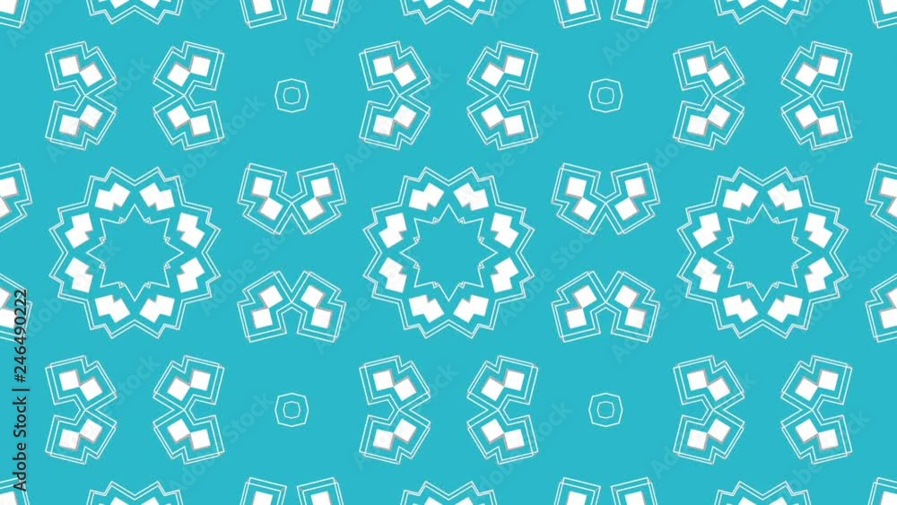White symmetrical moving patterns on a turquoise background. Animated three-dimensional kaleidoscope background. 3d render White symmetrical moving patterns on a turquoise background. Animated three-dimensional kaleidoscope background. 3d render