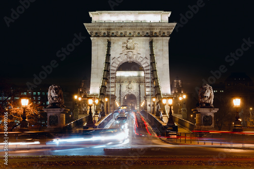 Budapest Szechenyi Chain Bridge at night. View on the bridge from Buda. 2019.