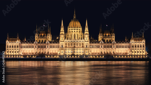 Budapest Parliament. Night view. High resolution panorama. 2019.
