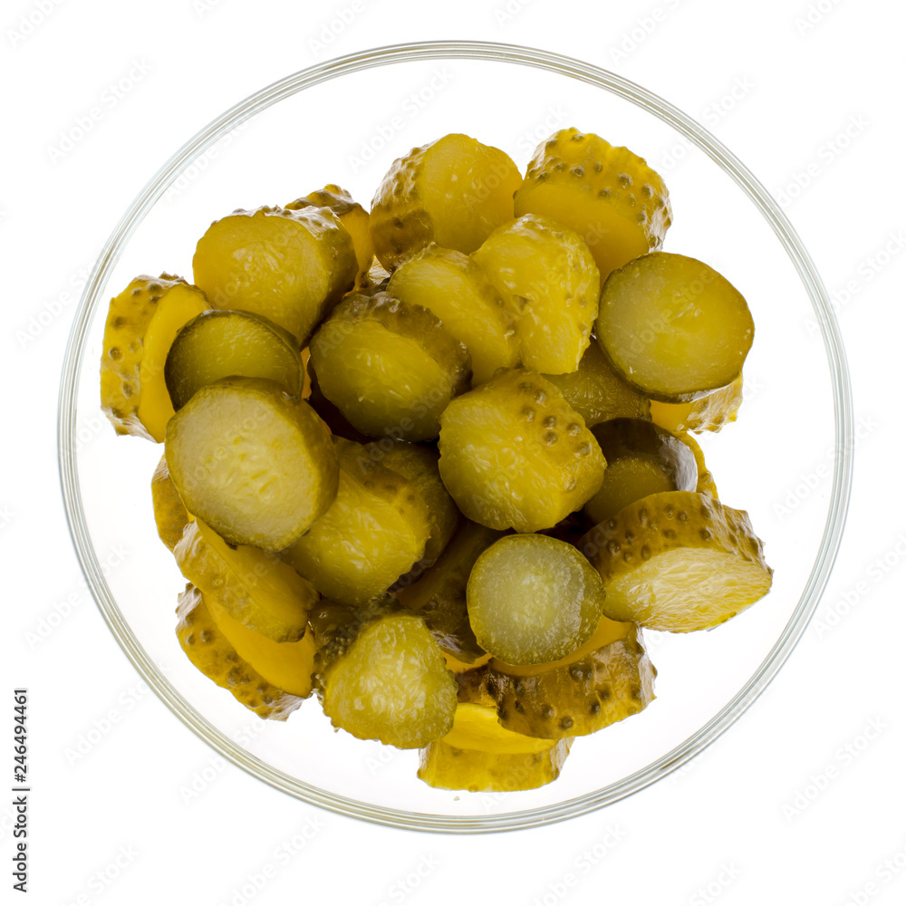 Bowl of chopped pickled cucumber isolated on white background Bowl of chopped pickled cucumber isolated on white background