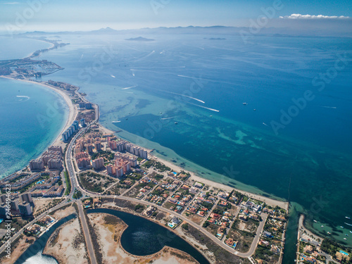 Aerial photo of buildings, villas and the beach on a natural spit of La Manga between the Mediterranean and the Mar Menor, Cartagena, Costa Blanca, Spain 10