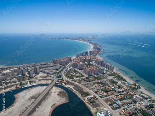 Aerial photo of buildings, villas and the beach on a natural spit of La Manga between the Mediterranean and the Mar Menor, Cartagena, Costa Blanca, Spain 15