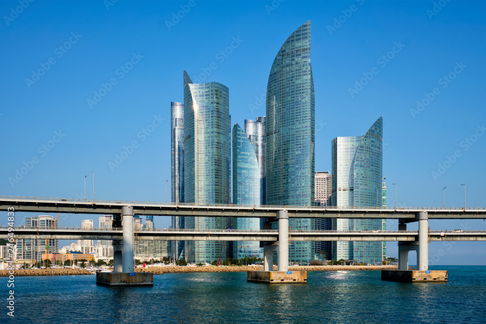 Naklejka premium Busan skyscrapers and Gwangan Bridge, South Korea