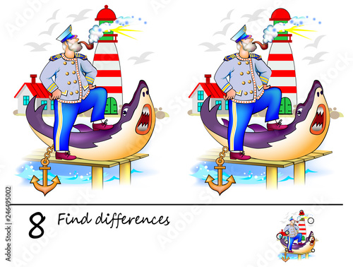 Logic puzzle game for children and adults. Need to find 8 differences. Printable page for baby book. Developing skills for counting. Vector cartoon image.