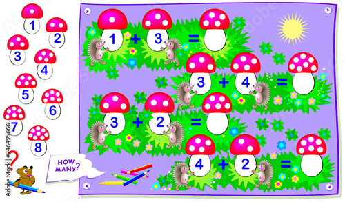 Printable educational page for kids with exercises on addition. Solve examples, count quantity of dots, write numbers on mushrooms. Back to school. Worksheet for baby textbook. Vector cartoon image.