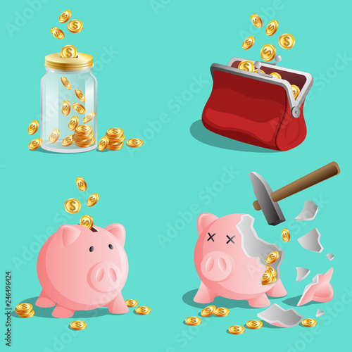 Savings money concept, set of piggy bank, glass jar moneybox, red stylish purse with gold coins, vector illustration