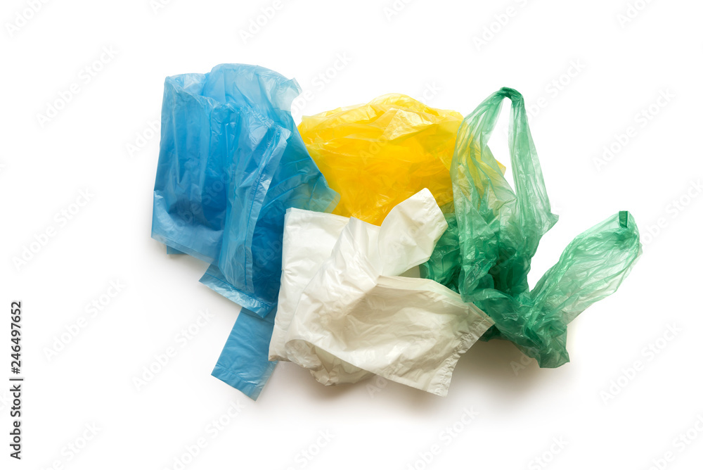 Crumpled colored plastic bags on a white background