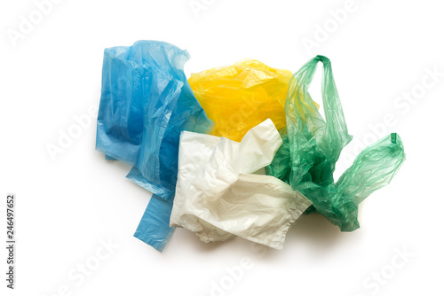 Crumpled colored plastic bags on a white background