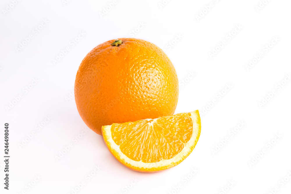 Juicy fresh orange and one orange slice. Fruits are isolated on a white background. Close photo. Juicy fresh orange and one orange slice. Fruits are isolated on a white background. Close photo.