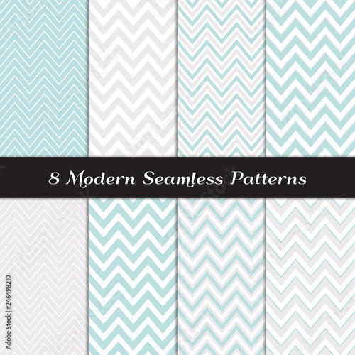 Pastel Aqua Blue, White and Silver Gray Chevron Zigzag Stripes Vector Patterns. Set of Subtle White Christmas Background Textures. Repeating Pattern Tile Swatches Included.