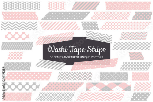Blush Pink and Gray Washi Tape Strips with Torn Edges & Different Patterns. 36 Unique Semitransparent Vectors. Photo Sticker, Print / Web Layout Element, Clip Art, Embellishment.