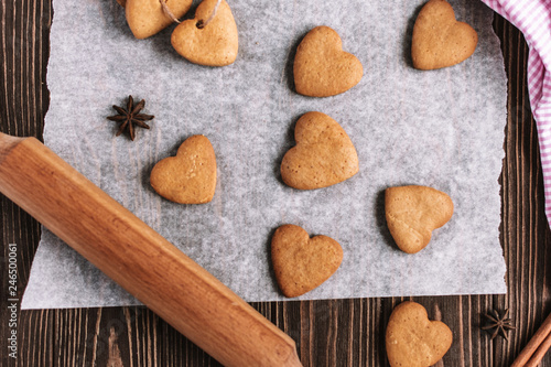 Baked cookies-hearts on the vintage wooden table. Valentine's Day