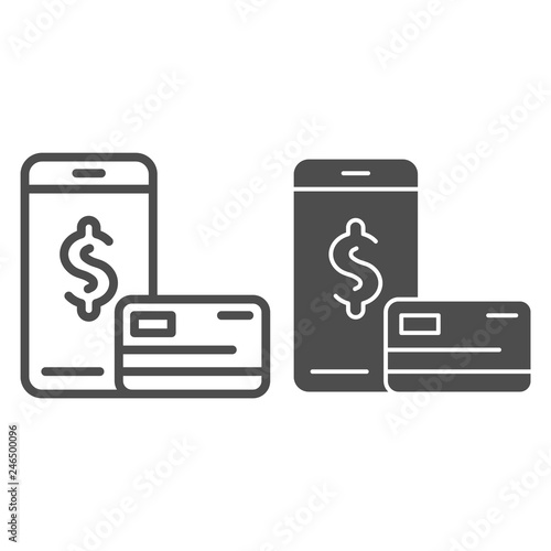 Online payment line and glyph icon. Credit card and smartphone vector illustration isolated on white. Mobile payment outline style design, designed for web and app. Eps 10.