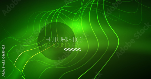 Abstract shiny glowinng color wave design element on dark background - science or technology concept
