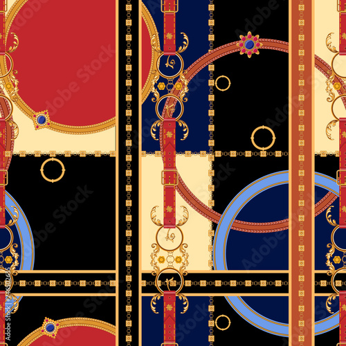 Baroque seamless pattern with chains and gems. Vector patch for print, fabric, scarf