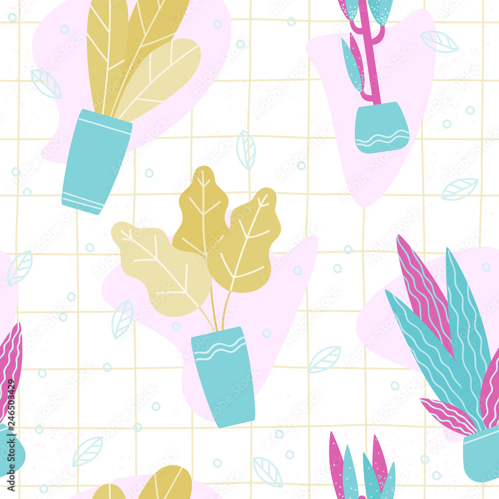 Seamless pattern with cute tropical house plants in bright geometric style