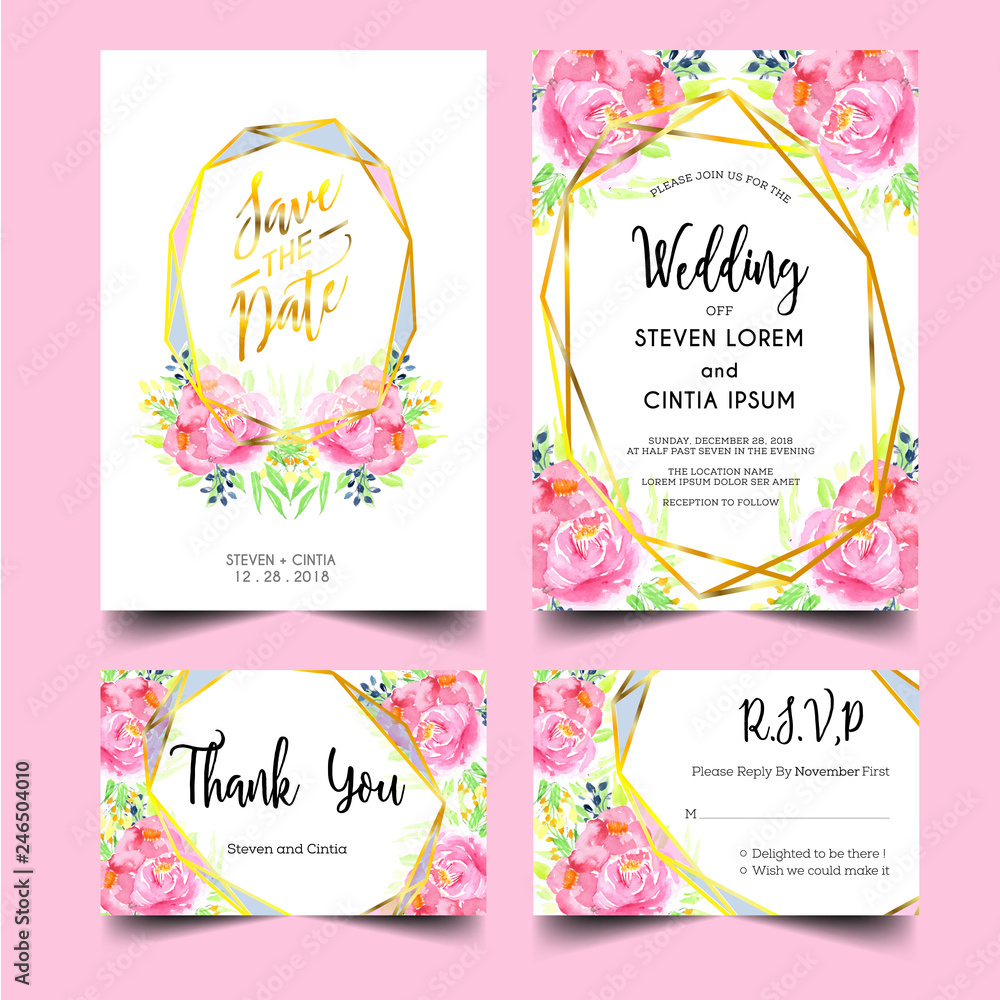 wedding invitation floral pink and frame gold
