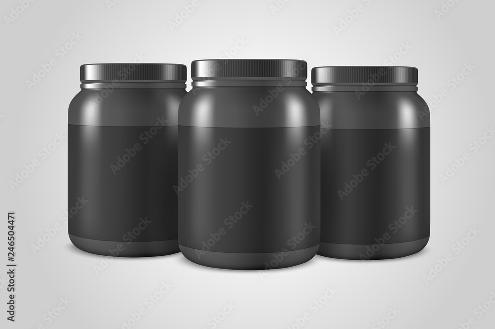 Vector Realistic 3d Black Plastic Jar, Can with Lid Set Closeup Isolated on White Background. Design Template of Whey Protein, Sport Powder, Vitamins, BCAA, Pills, Caps for Mockup. Front View Vector Realistic 3d Black Plastic Jar, Can with Lid Set Closeup Isolated on White Background. Design Template of Whey Protein, Sport Powder, Vitamins, BCAA, Pills, Caps for Mockup. Front View