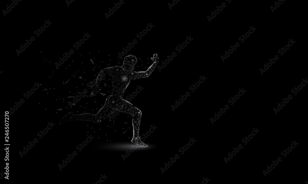 Abstract Sprinter futuristic background with low-poly, polygon and triangle. Sport runner concept from dots, circles and lines. Molecular concept. Wireframe light connection structure vector Abstract Sprinter futuristic background with low-poly, polygon and triangle. Sport runner concept from dots, circles and lines. Molecular concept. Wireframe light connection structure vector