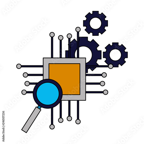 motherboard circuit magnifying glass gears