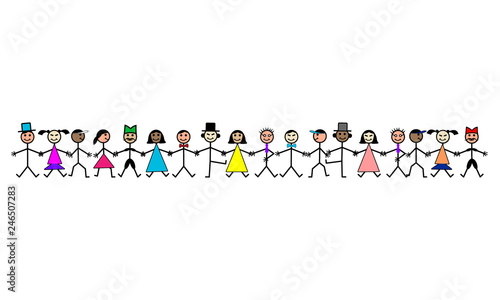 Hand drawing smiling happy people holding hands. Human race friendship concept. Male and Female group vector