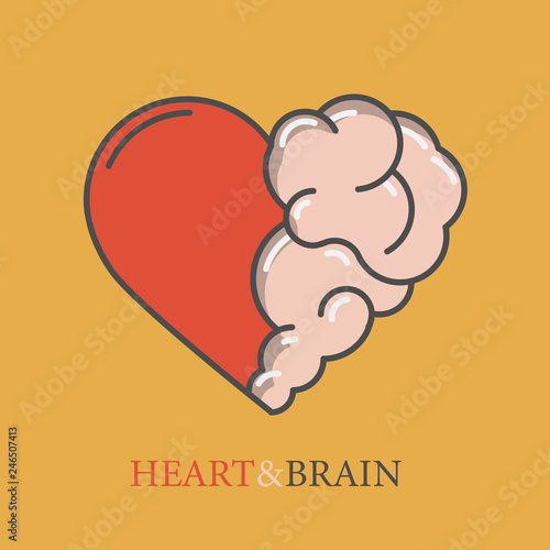 Heart and Brain flat modern icon logo vector design. Interaction between soul and intelligence, emotions and rational thinking or teamwork and balance