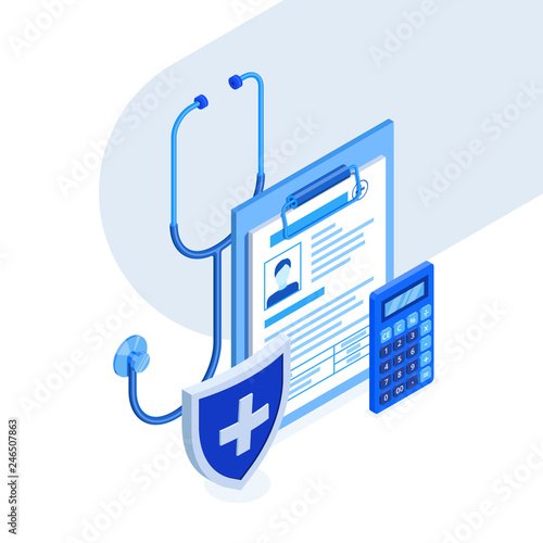 Medical insurance concept. Vector 3d isometric illustration. Medicine and healthcare blue gradient icons