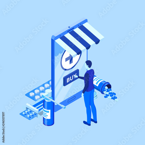 Online pharmacy store. Vector 3d isometric illustration. Medicine and healthcare mobile app concept.