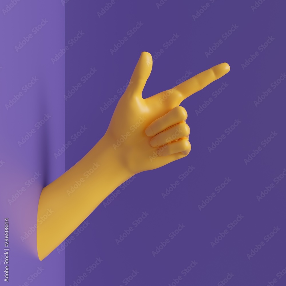3d render, female hand isolated, finger up, pointing gesture, direction symbol, shop display, minimal fashion background, mannequin body part, show, presentation, violet yellow bright colors