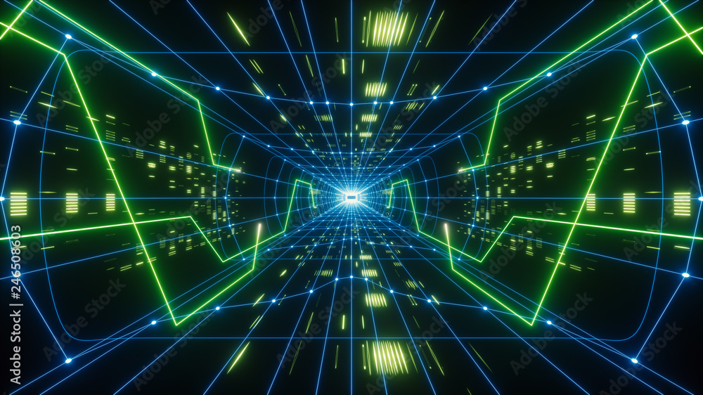3d render, colorful neon virtual reality tunnel, abstract geometric  background. Virtual data with neon green blue lines and dots. Player begins  the VR game. VR experience. Stock Illustration | Adobe Stock