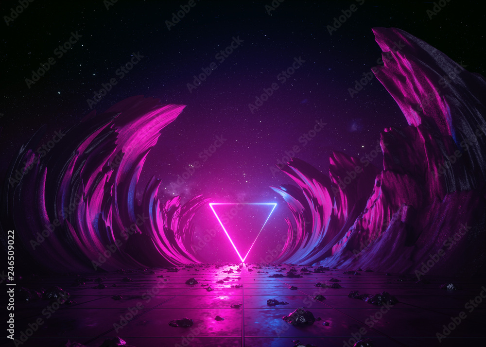 3d render, abstract background, cosmic landscape, triangular portal, pink blue neon light, virtual reality, energy source, glowing quad, dark space, ultraviolet spectrum, laser triangle, rocks, ground - obrazy, fototapety, plakaty 