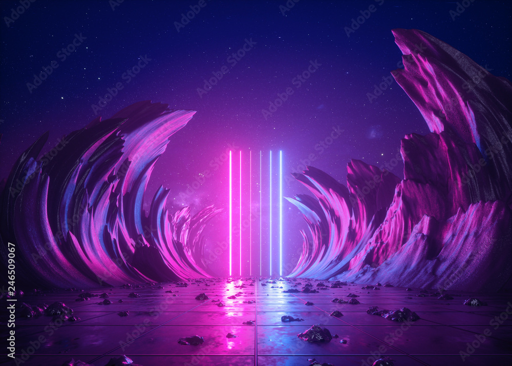 3d render, abstract background, cosmic landscape, alien portal, pink blue neon light, virtual reality, energy source, glowing laser lines, dark space, ultraviolet spectrum, mountains, rocks, ground