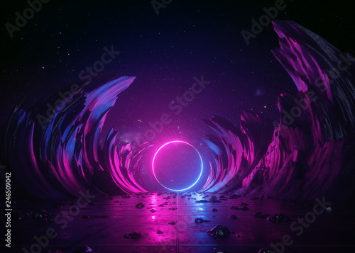 3d render, abstract background, cosmic landscape, round portal, pink blue neon light, virtual reality, energy source, glowing round frame, dark space, ultraviolet spectrum, laser ring, rocks, ground photo