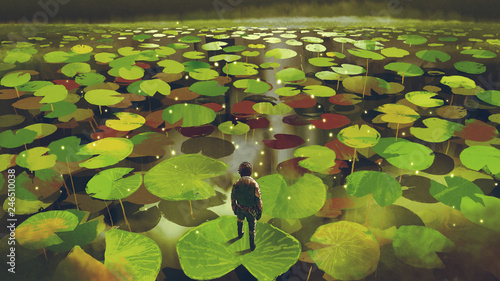 young man on giant lily pad leaf in fantasy swamp, digital art style, illustration painting