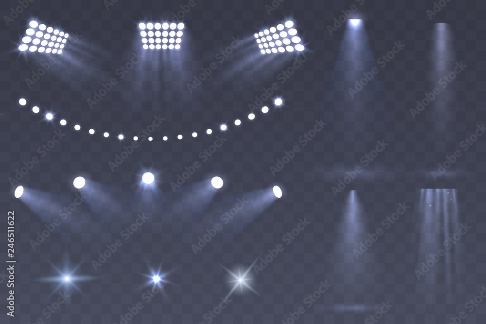 Vector Stadium spotlights. Scene spotlights set isolated on transparent background. Bright illumination. light sources for your design. Glowing stars. Eps 10. - obrazy, fototapety, plakaty 