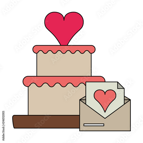 Cake with heart and love letter envelope