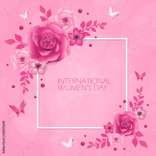 8 March, International Women's Day, Happy Mother's Day. Paper cut style banner with flower, butterfly. Pattern, background of spring plants, flowers