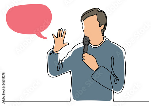 continuous line drawing of presenter speaking with microphone