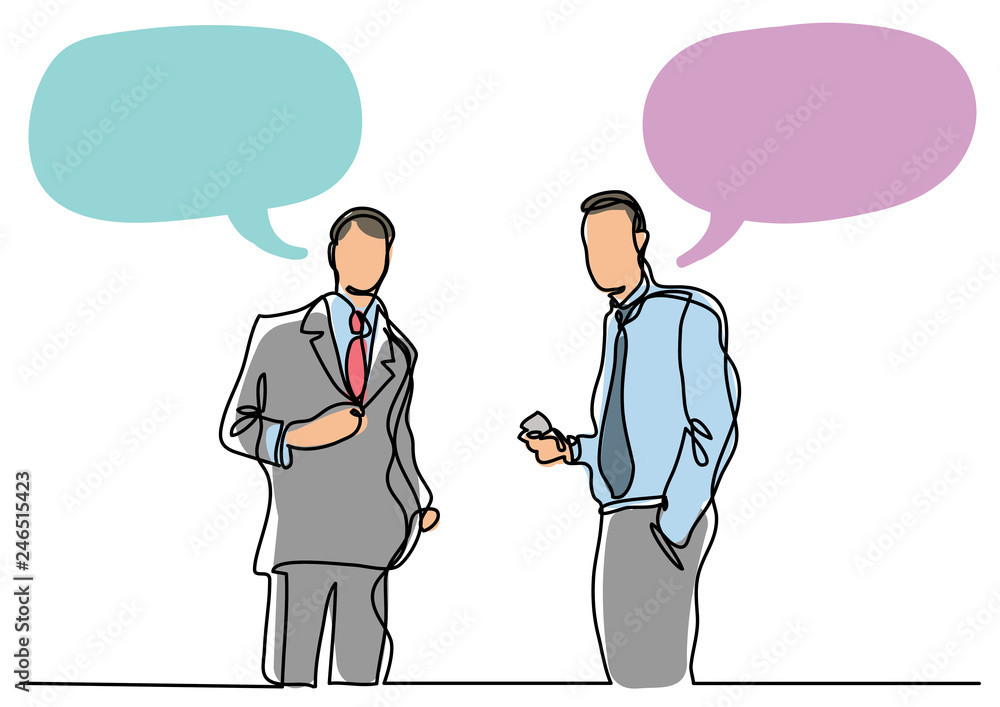 continuous line drawing of two businessmen talking continuous line drawing of two businessmen talking