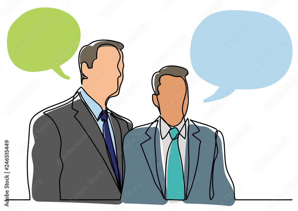 continuous line drawing of two businessmen standing together continuous line drawing of two businessmen standing together
