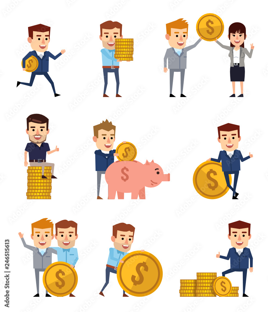 Set of businessman characters posing with coins. Businessman holding giant coin, running, putting money into piggy bank and showing other actions. Flat design vector illustration Set of businessman characters posing with coins. Businessman holding giant coin, running, putting money into piggy bank and showing other actions. Flat design vector illustration