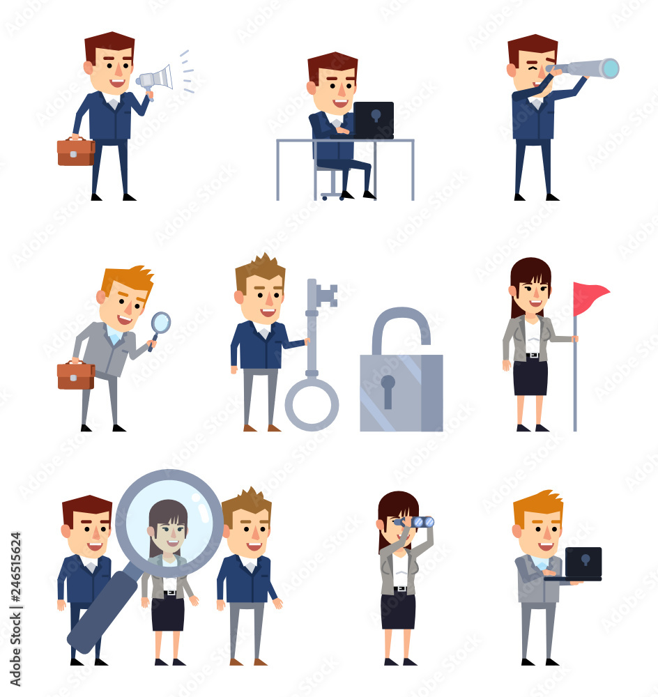 Business people searching, browsing. Businessman holds magnifier, spyglass, browsing in internet. Flat design vector illustration Business people searching, browsing. Businessman holds magnifier, spyglass, browsing in internet. Flat design vector illustration